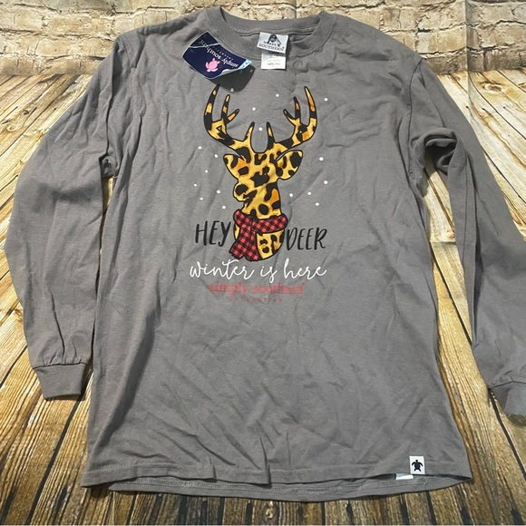 NWT Simply Southern Gray Long Sleeve Deer Winter T Shirt - Picture 1 of 4